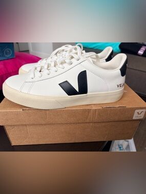 Size 7 Veja Women's White Leather Sneakers with Black V